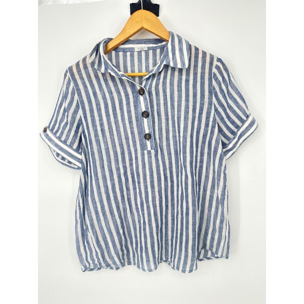 Studio 1886‎ Top Womens M Blue White Striped Linen Blend Henley Coastal Nautical